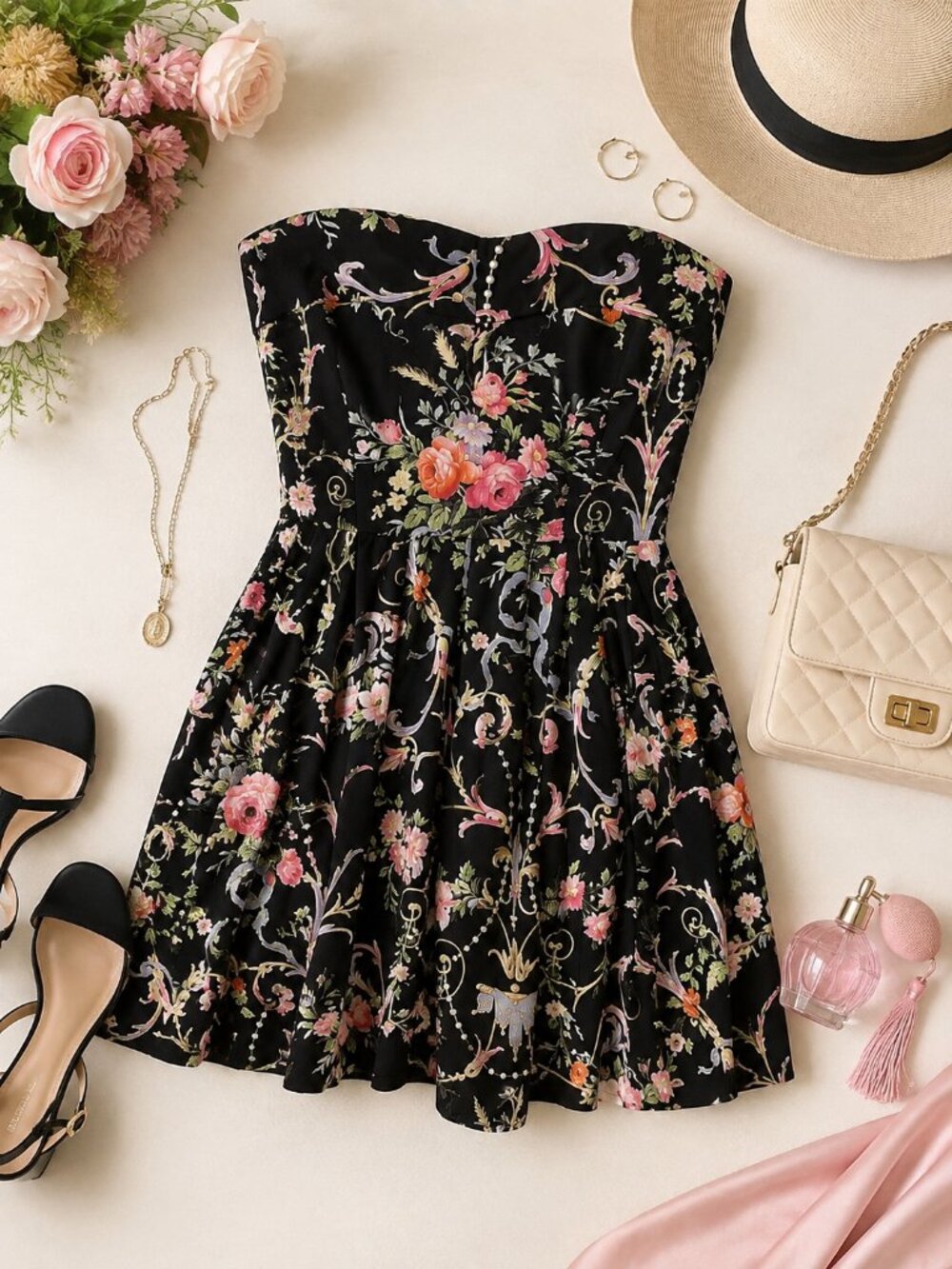 Vintage Betsey Johnson Collection 100% Silk Floral Strapless Dress Size 0